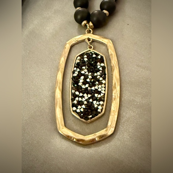 Boho Necklace Striking Contrast Of Matte Black Beads, And A Sparkling Medallion - Picture 4 of 7